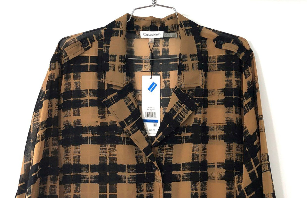 Calvin Klein Women's NWT Sheer Plaid Utility Blouse Tan Black Drawstring Sz XL