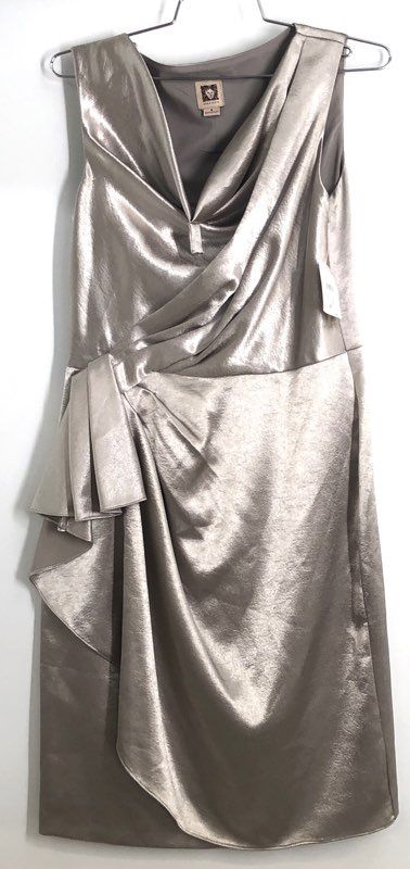 Anne Klein Women's Silver Metallic Cowl Draped Ruffle Sheath Dress NWT Sz 6
