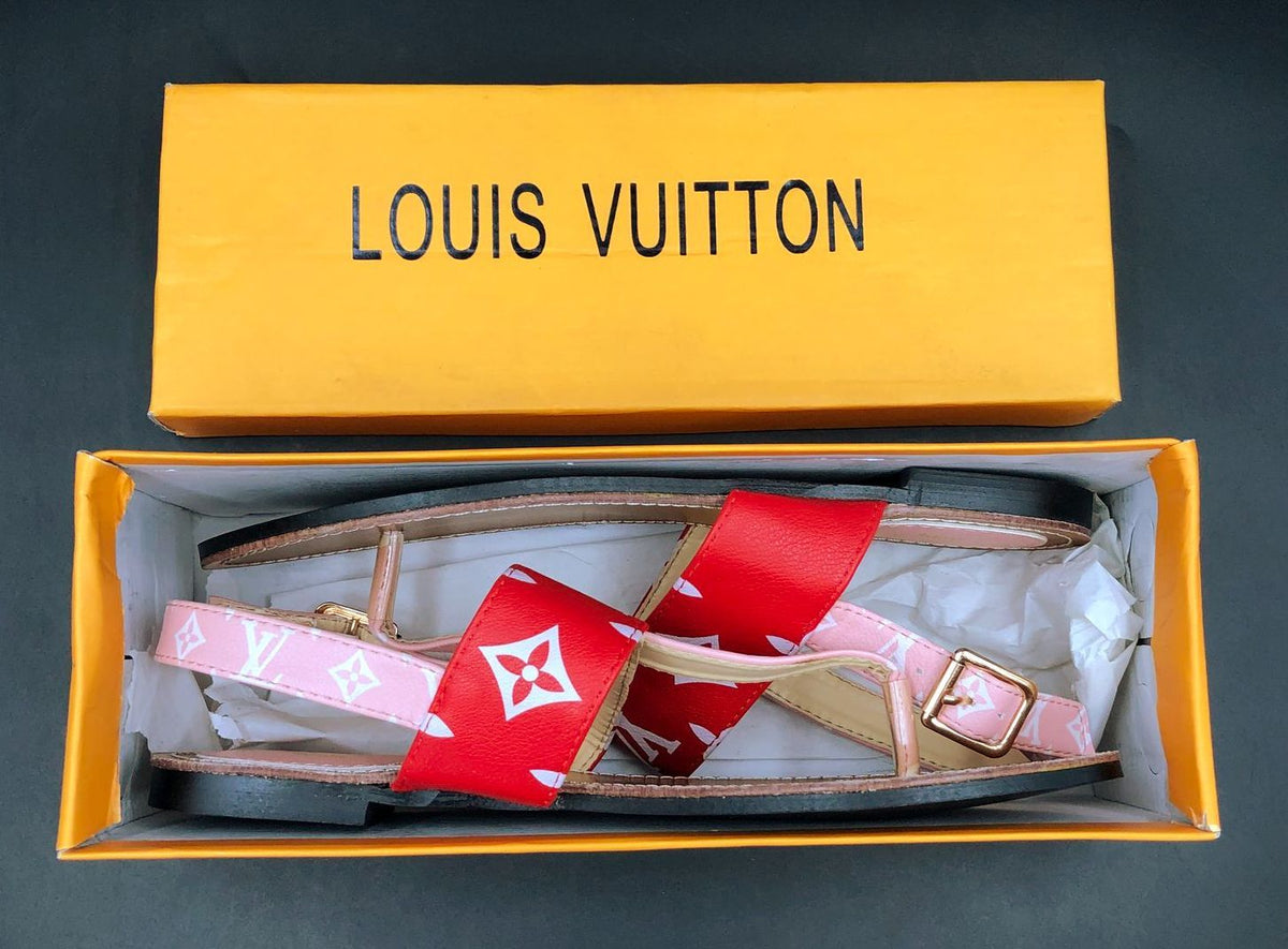 Louis Vuitton Inspired Women's Brown/Red/Pink Monogram Print Sandals - Size 38