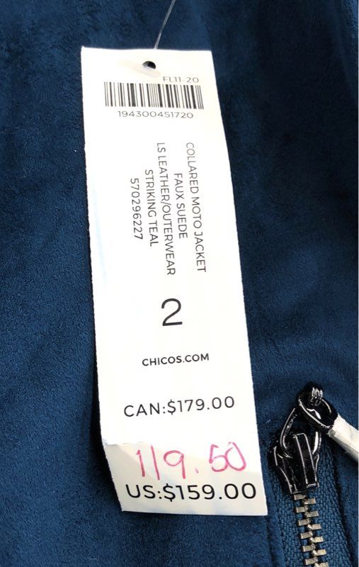 Chico's Women's NWT Faux Suede Moto Jacket Teal Collared Size 2 US 12/14