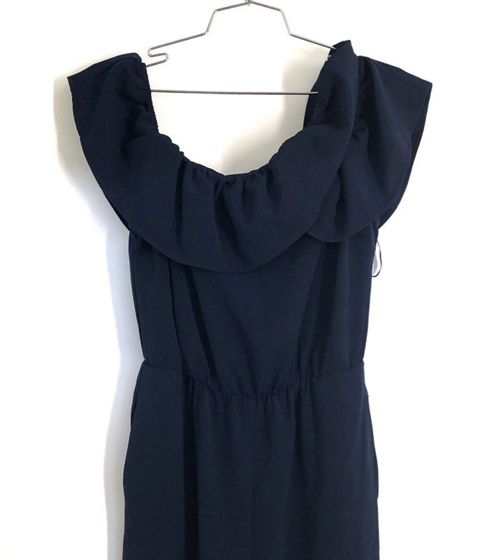New York & Company Women's Navy Blue Off-the-Shoulder Ruffle Jumpsuit Size XS