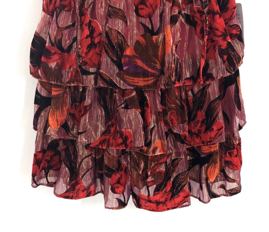 Adelyn Rae Women's Mini Dress Cherry Red Floral Metallic Tiered Ruffle Sz S NWT