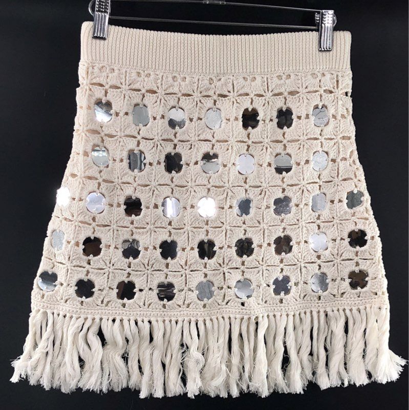 Le Superbe Women's Gypset Crochet Mini Skirt White Mirrored Fringe NWT Sz XS