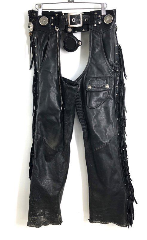 Vintage 90s Harley-Davidson Fringe Concho Studded Leather Motorcycle Chaps Sz S