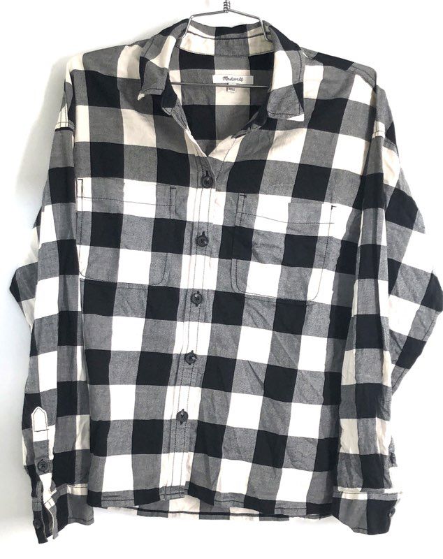 Madewell Women's Black White Buffalo Plaid Button Down Shirt Pockets Size S