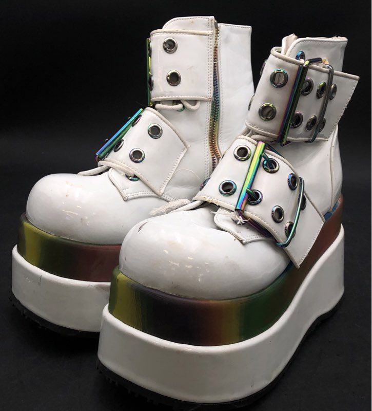 Demonia Bear-104 White Iridescent Oilslick Platform Ankle Boots Women's Size 9
