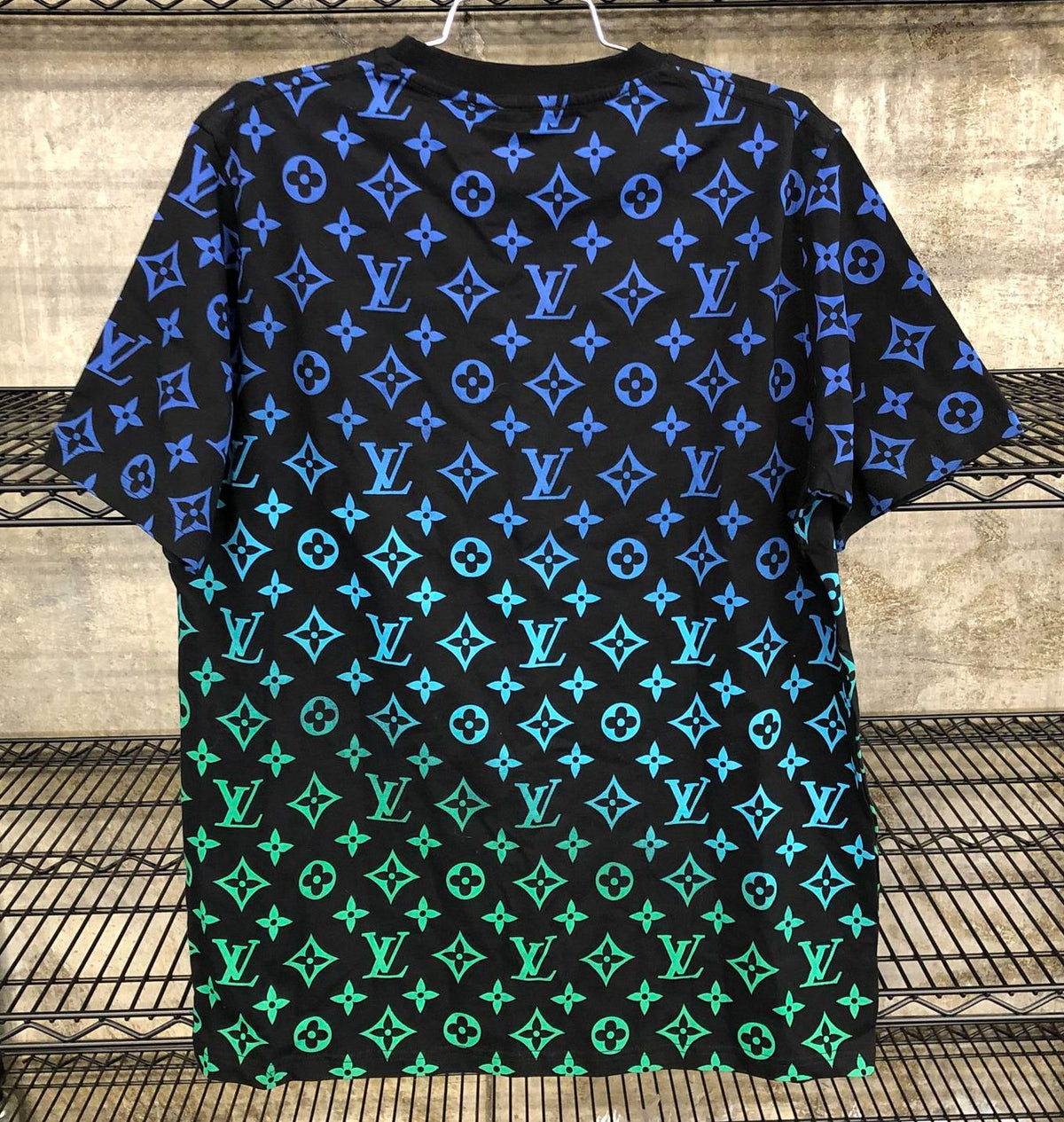 Louis Vuitton Inspired Men's Black T-Shirt w/ Green/Blue Monogram Print - Sz 2XL