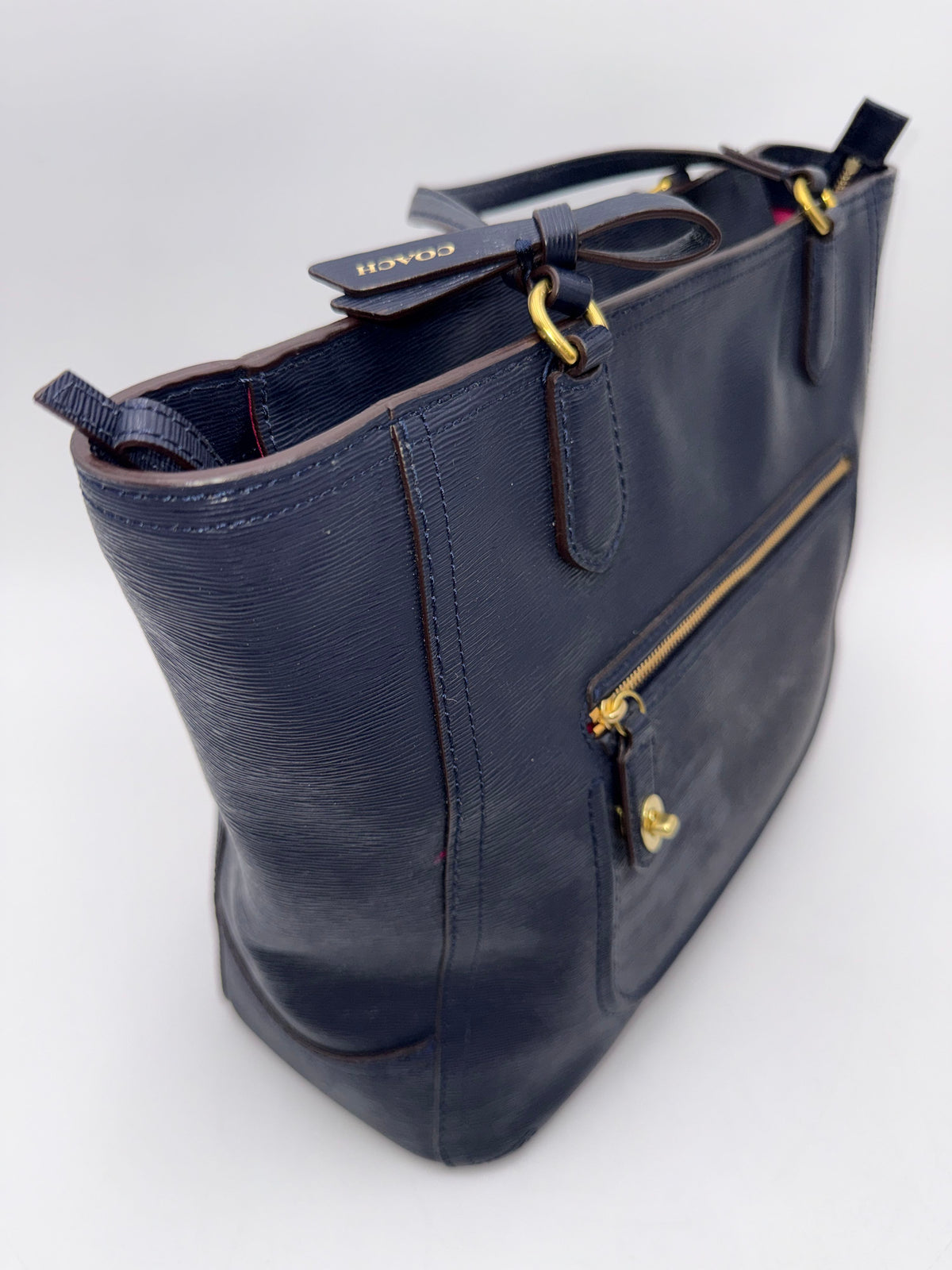 Coach Blue Textured Leather Poppy Tote Bag Gold Hardware COA