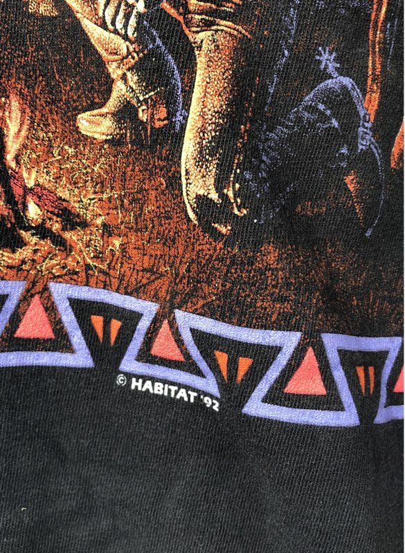 Vintage 1992 Habitat Cowboy Wolf Campfire T-Shirt Single Stitch Made in USA Sz L