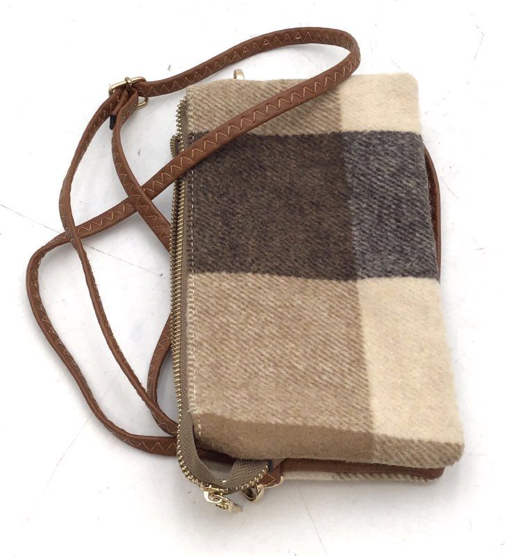 Jen & Co Brown Beige Plaid Buffalo Check Crossbody Wallet Bag Gold Hardware
