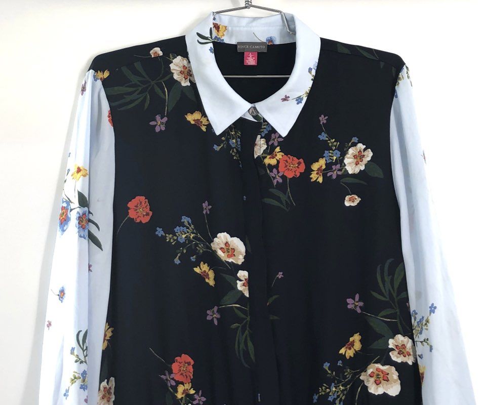 Vince Camuto Women's Floral Colorblock Shirt Dress Caviar Black NWT Sz L