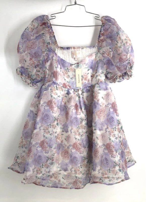 Audrey Parks Francesca's Women's Floral Mini Dress Purple Puff Sleeve NWT Sz S