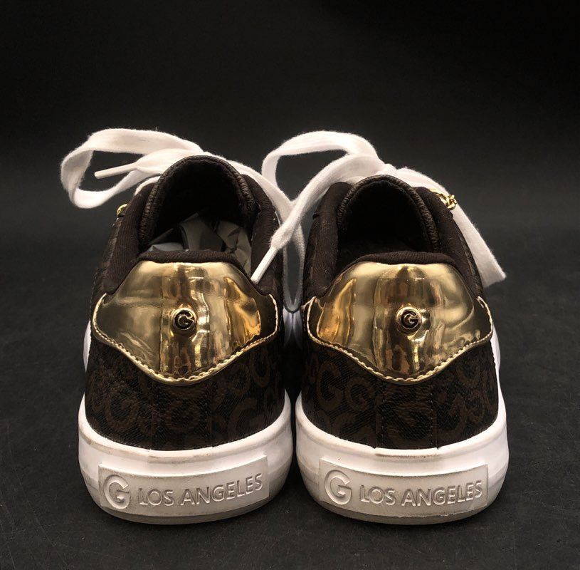 G by GUESS Lani Brown Monogram Gold Low Top Fashion Sneakers Women's Size 8