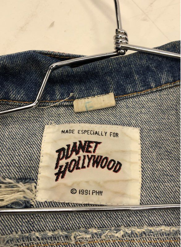 Vintage 90s Planet Hollywood Atlanta Denim Jacket Distressed Embroidered Sz 10