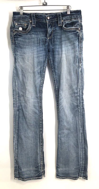 Rock Revival Women's Belva B205 Bootcut Jeans Blue Whiskered Embellished Sz 28