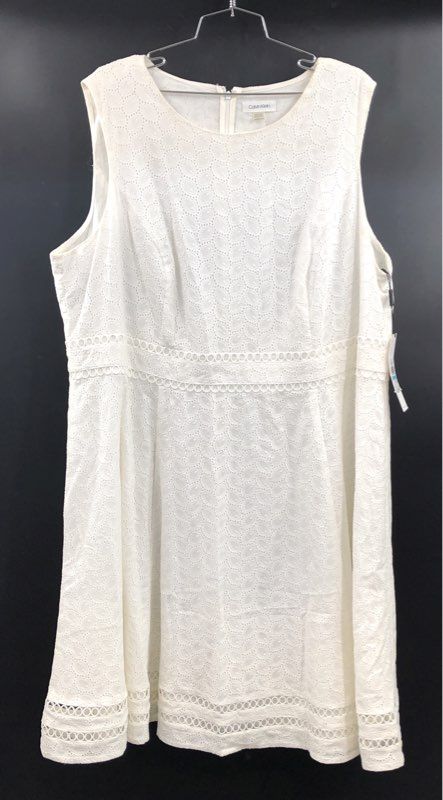 Calvin Klein Women's White Eyelet Cotton Sleeveless Dress Ladder Lace Sz 20W NWT