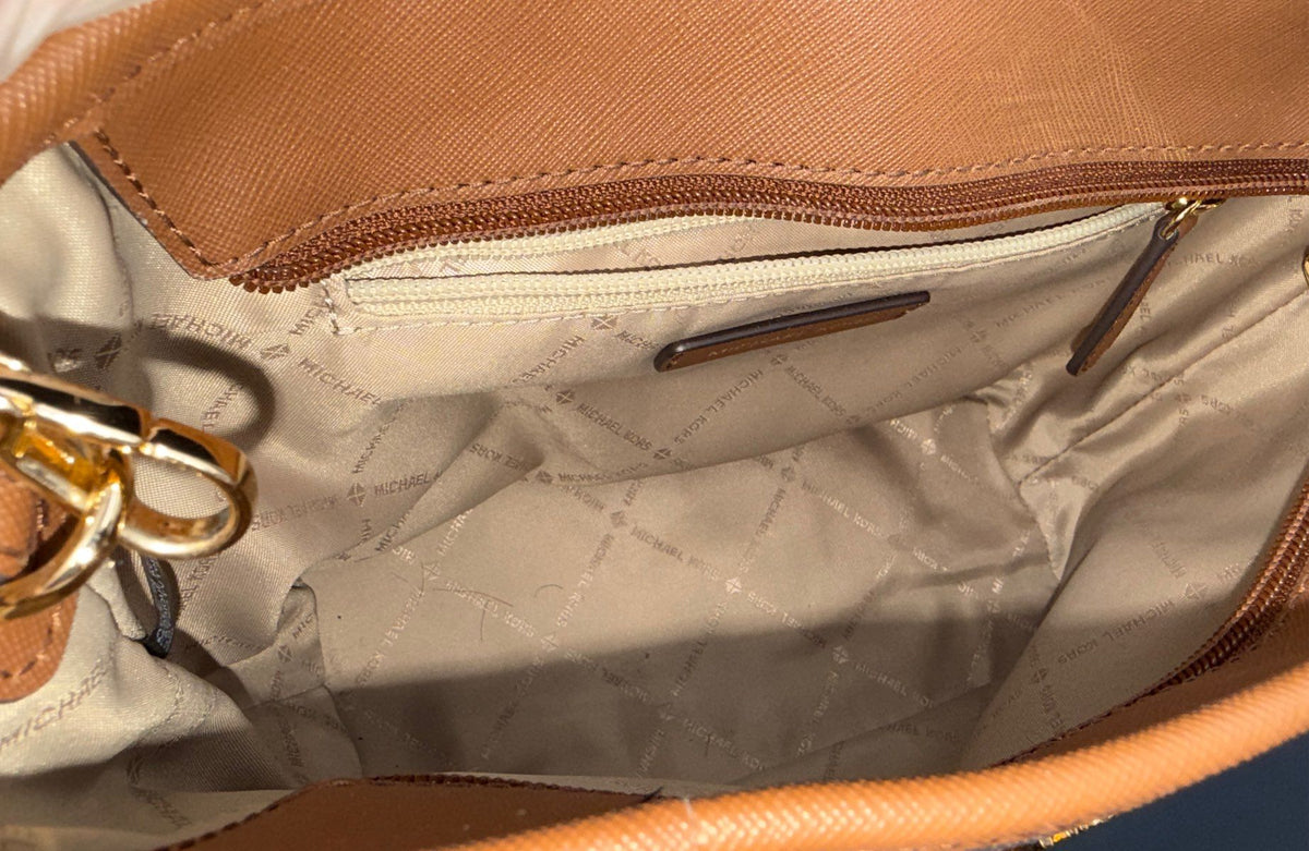 Michael Kors Brown Monogram Jet Set Travel Medium Top Zip Tote Gold Hardware