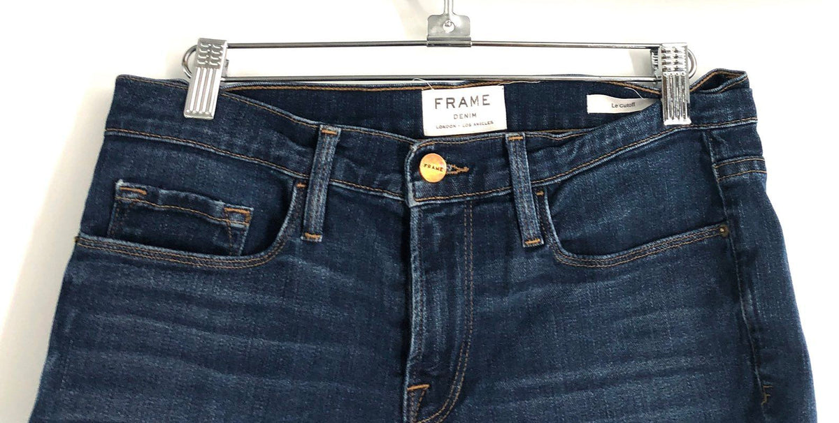 FRAME Women's Le Cutoff Denim Shorts Dark Blue Frayed Raw Hem USA Sz 27