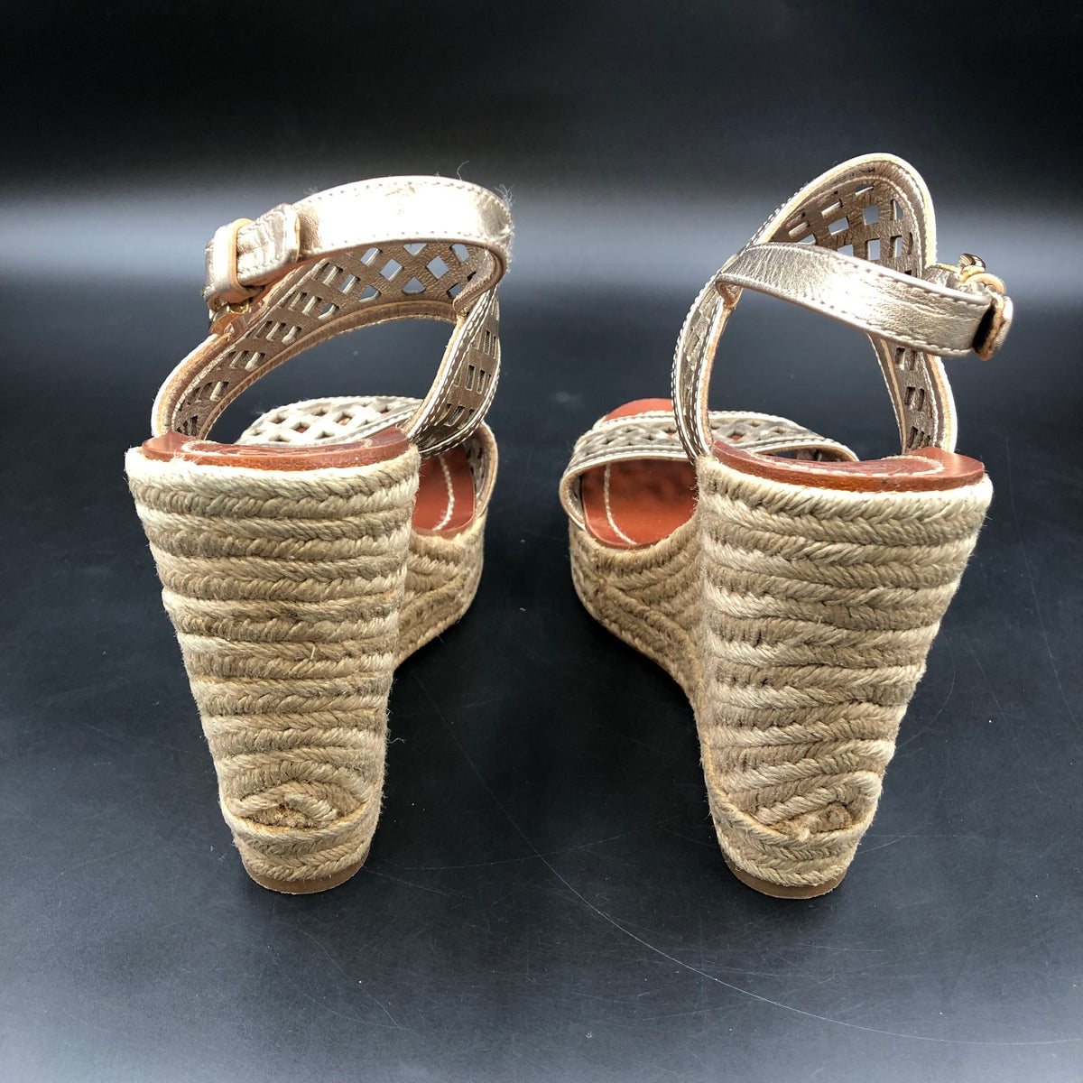 Tory Burch Metallic Gold Laser-Cut Espadrille Wedge Sandals Size 7 COA