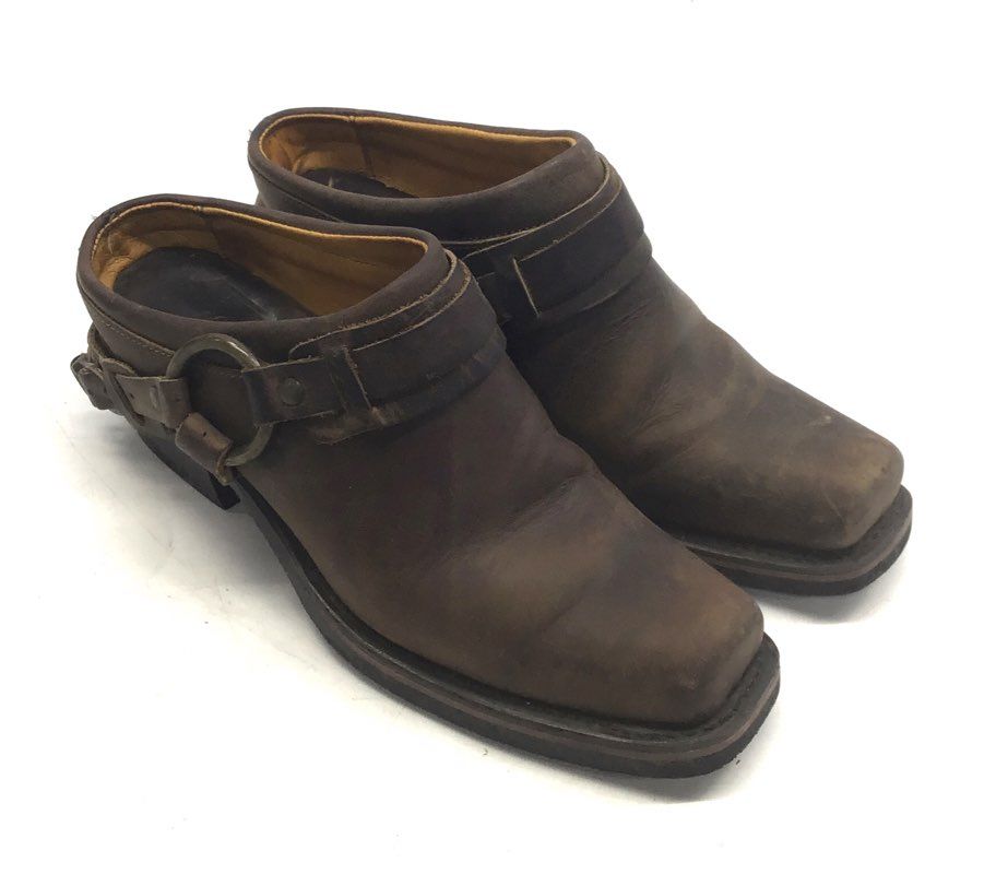 Frye Harness Mule Brown Leather Clogs Square Toe Made in USA Women's Size 7.5