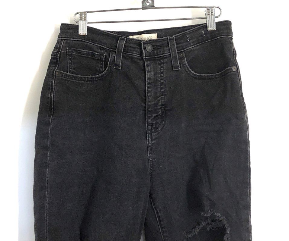 Madewell Women's The Momjean Faded Black Distressed Ripped Frayed Hem Sz 26