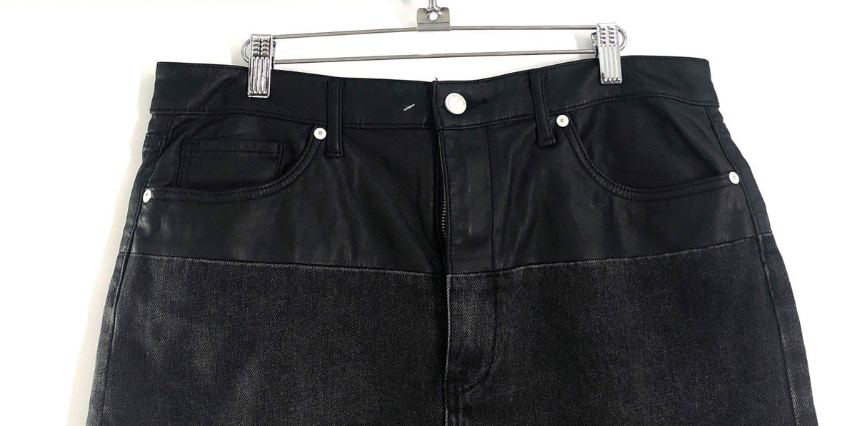 [BLANKNYC] Women's Black Mixed Media Faux Leather Denim Mini Skirt Raw Hem Sz 31