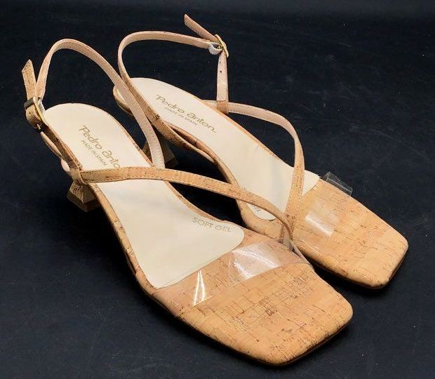 NIB Pedro Anton Women's Tan Cork Embossed Leather Slingback Heels - Size 40