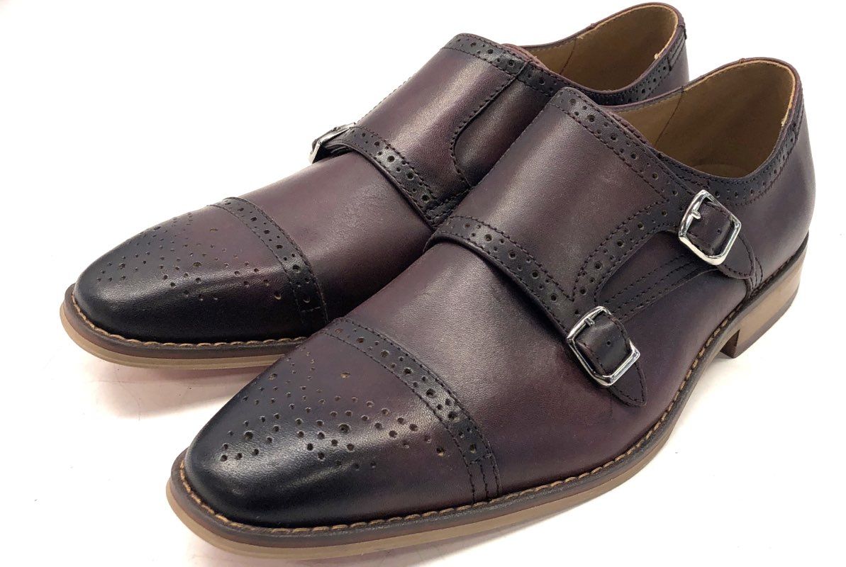 La Milano Men's Burgundy Burnished Double Monk Strap Brogue Dress Shoes Size 10