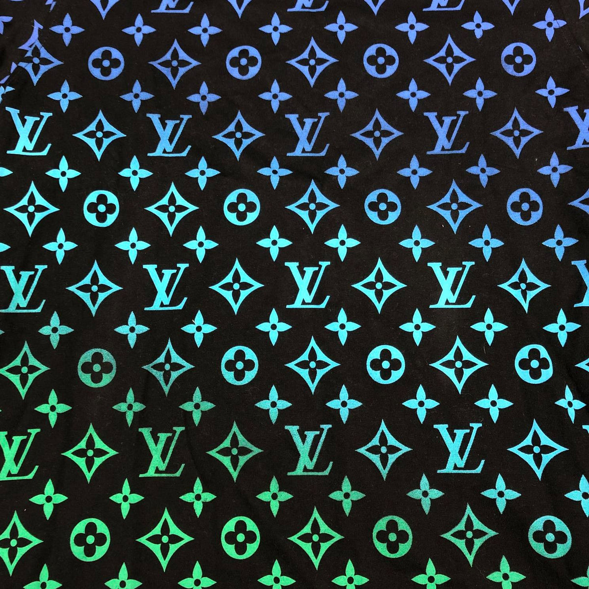 Louis Vuitton Inspired Men's Black T-Shirt w/ Green/Blue Monogram Print - Sz 2XL