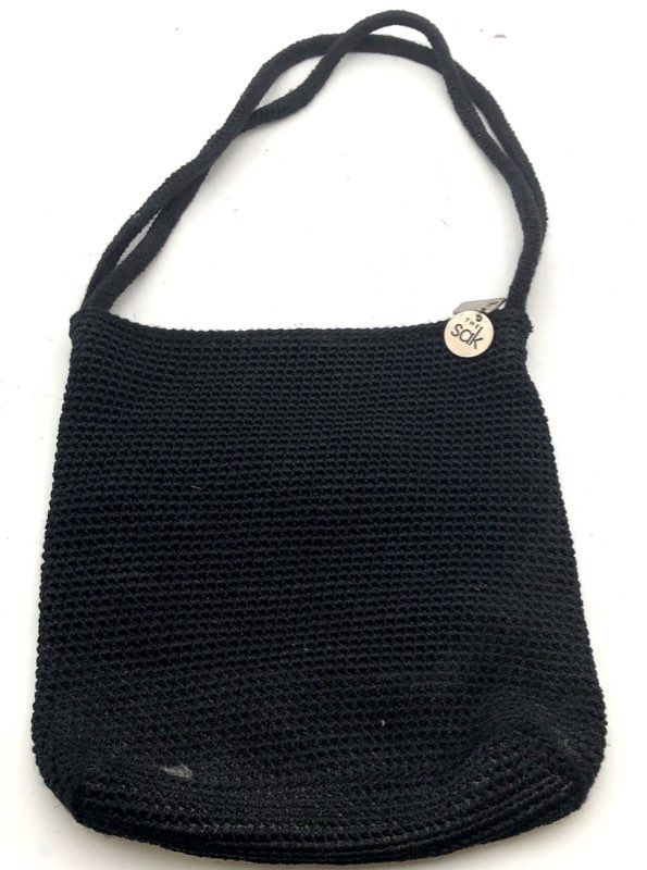 The Sak Black Tightweave Crochet Shoulder Bag Silver Hardware Logo