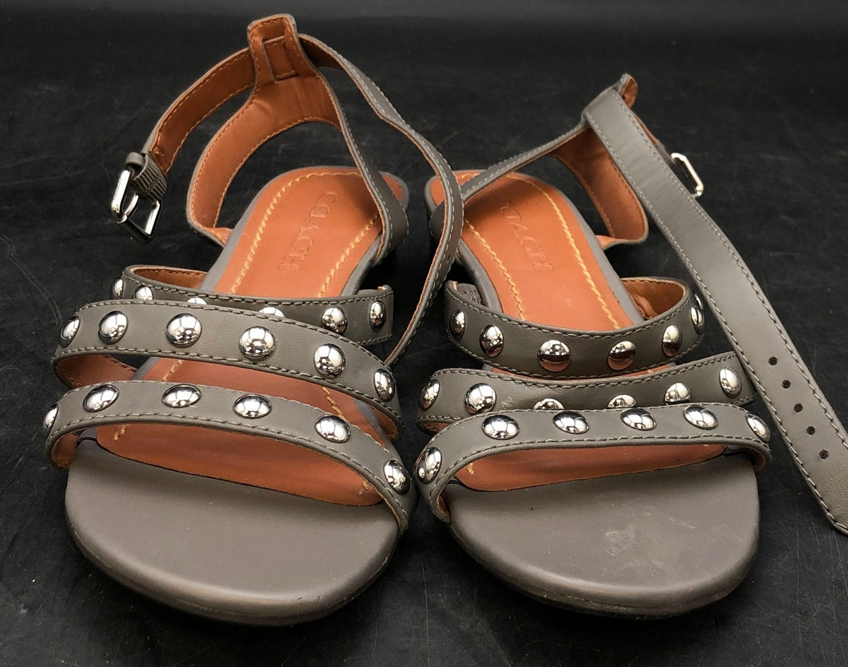 Coach Jaci FG3451 Grey Leather Studded Ankle Strap Sandals Size 7.5