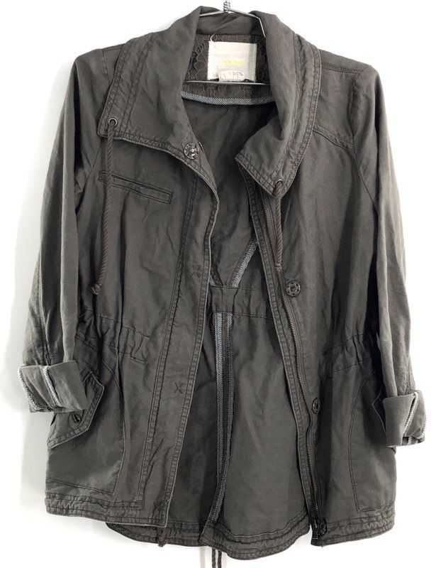 Hei Hei Women's Gray Lace Back Floral Detail Full Zip Utility Field Jacket Sz XS
