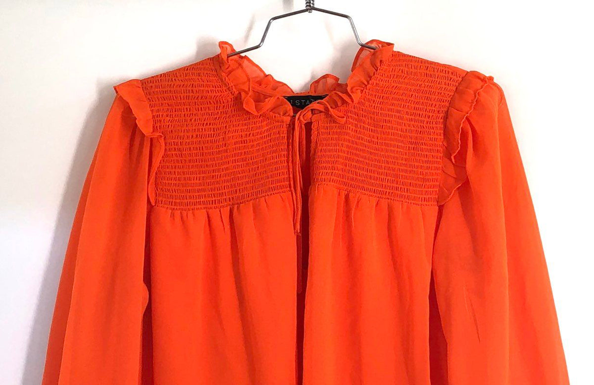 1.STATE Women's Orange Smocked Ruffle Mock Neck Long Sleeve Blouse Size M