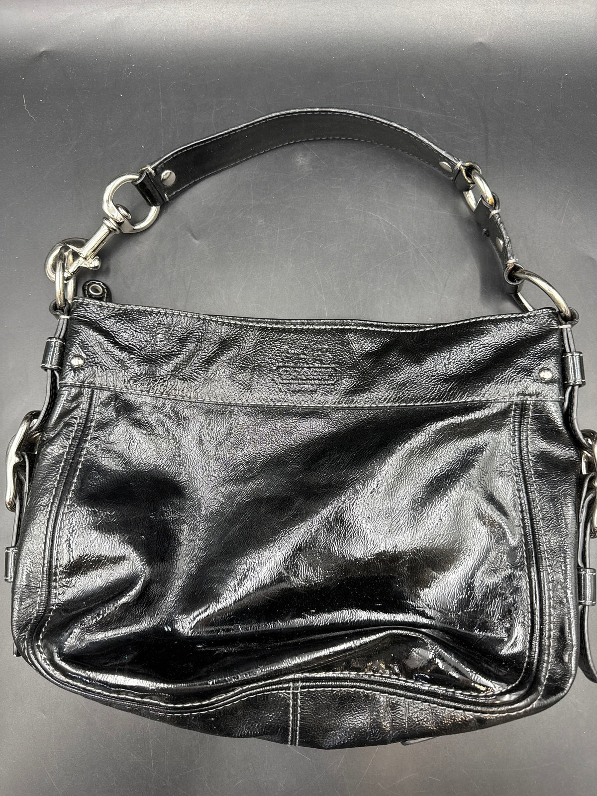 Coach Black 2000s Ergo Pleated Patent Leather Shoulder Bag Silver Hardware COA