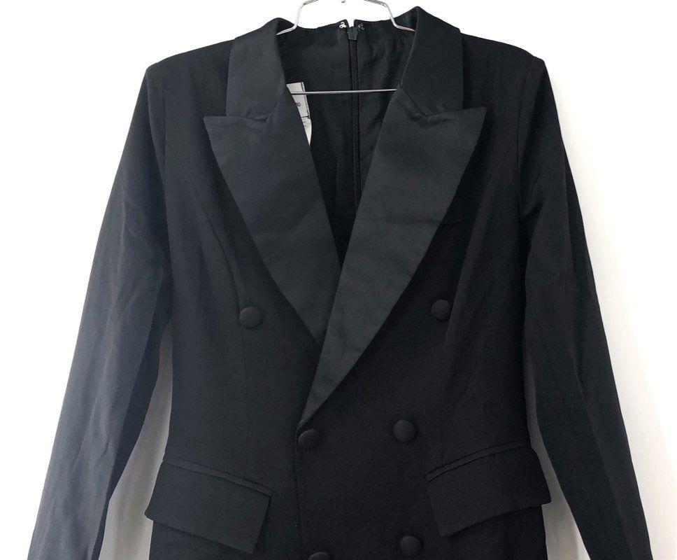 LanTing Bride Women's Black Tuxedo Maxi Dress Double Breasted Satin Lapel NWT S