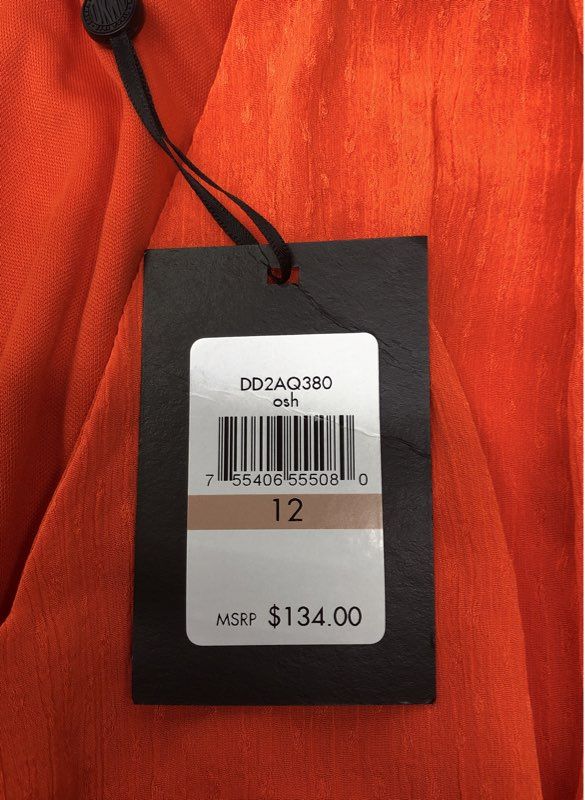 DKNY Women's Orange Smocked Waist Textured Midi Dress V-Neck NWT Sz 12