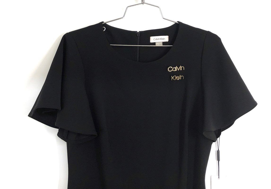 Calvin Klein Women's Black Flutter Sleeve Mermaid Hem Scuba Dress Logo NWT Sz 8