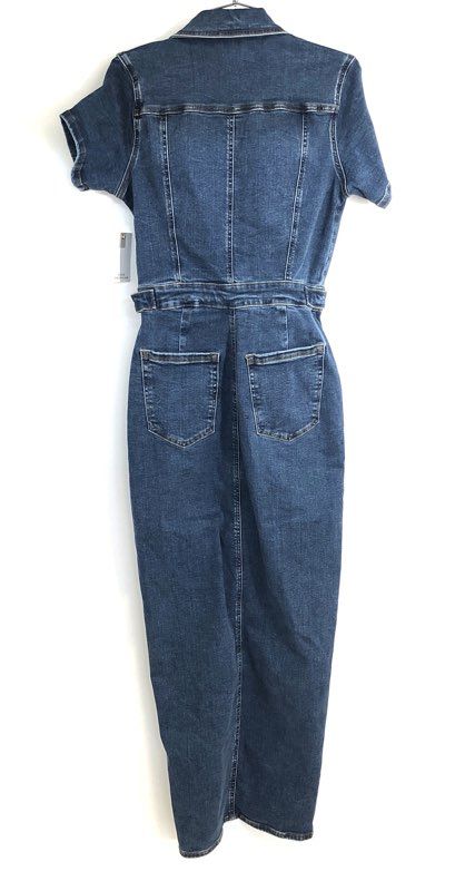 Good American Women's Indigo Blue Denim Utility Maxi Dress Short Sleeve NWT Sz S