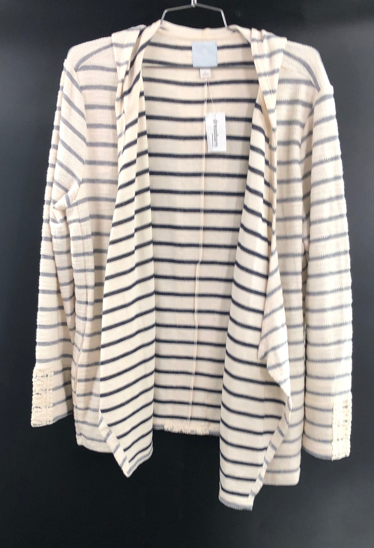 Dressbarn Sunday Women's Striped Hooded Cardigan Crochet Lace Back Sz L NWT