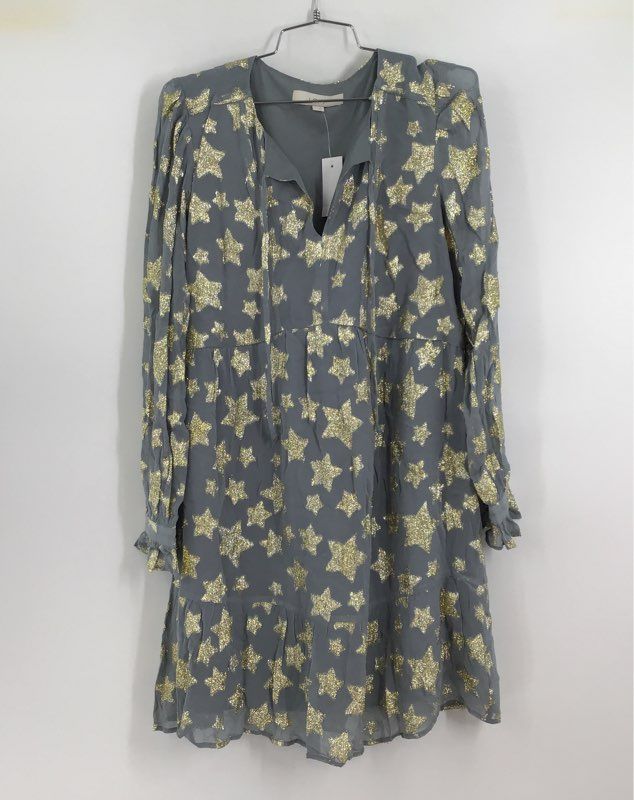 NWT Loft Women&#39;s Gray Star Print Long Sleeve Tie Neck Shift Dress - Size Small