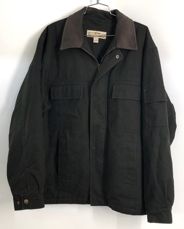 Natural Issue Men's Dark Green Cotton Canvas Field Jacket Leather Collar Sz L