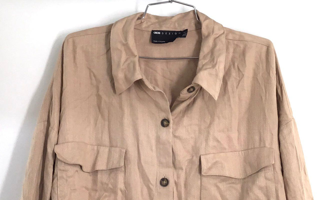 ASOS DESIGN Women's Tan Viscose Linen Blend Curve Oversized Button Shirt Sz 14