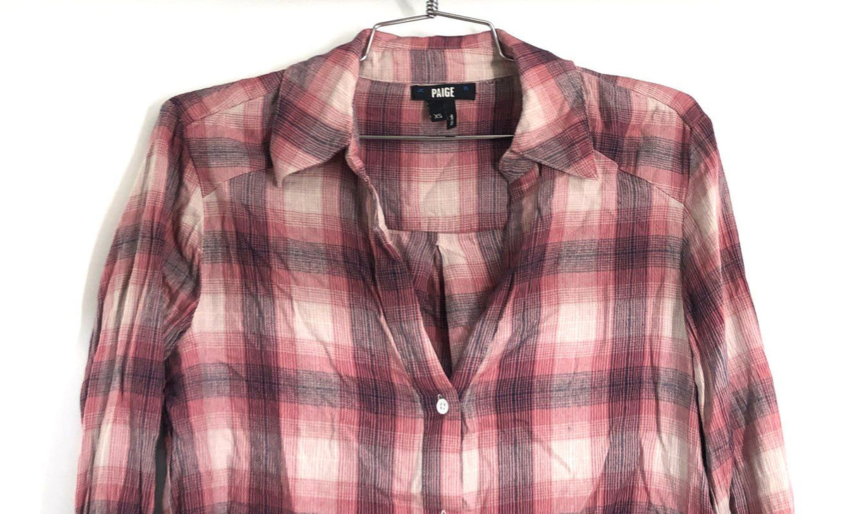 PAIGE Women's Pink Cream Plaid Cotton Viscose Long Sleeve Shirt Sz XS