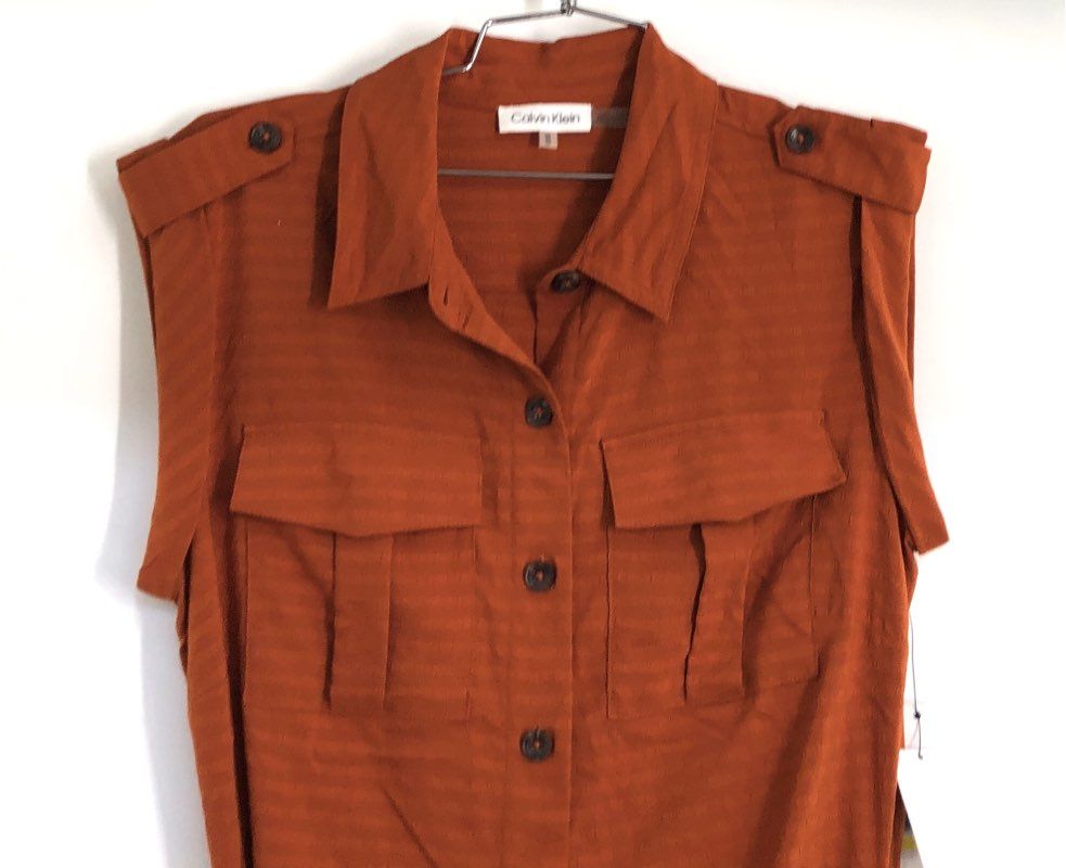 Calvin Klein Women's Terracotta Sleeveless Faux Wrap Utility Shirt Dress NWT M