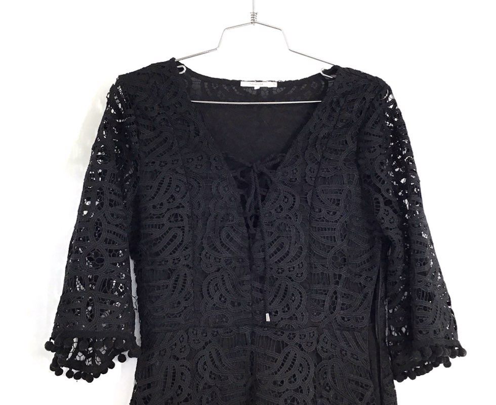 Tularosa Women's Black Lace Mini Dress Lace-up Front Pom Pom Trim Sz S