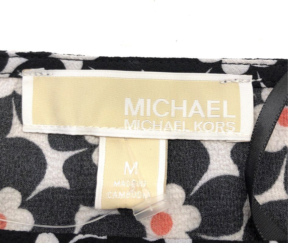 Michael Kors Women's Sangria Floral Smocked Blouse Black White Sz M NWT