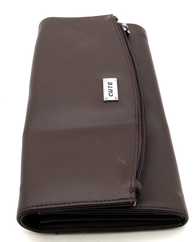 Cute Brown Faux Leather Continental Tri-Fold Wallet Multi-Pocket Zipper Purse