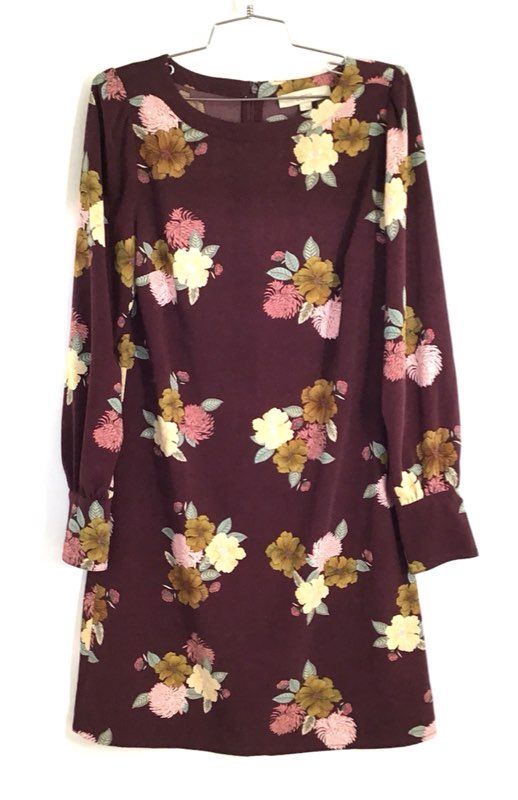 LOFT Women's Burgundy Floral Long Sleeve Shift Dress Round Neck Sz 6T