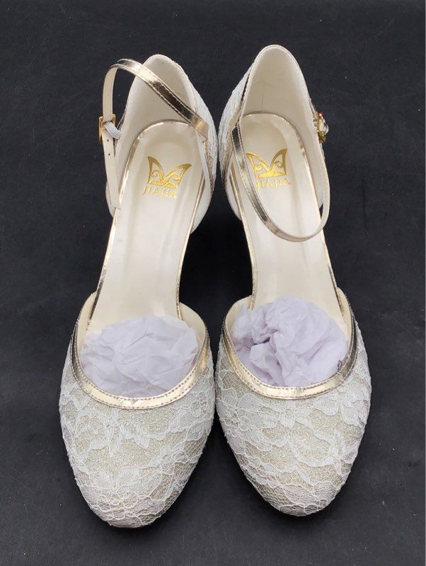 Jia Jia White Lace Gold Glitter Ankle Strap D'Orsay Kitten Heel Size EU 41