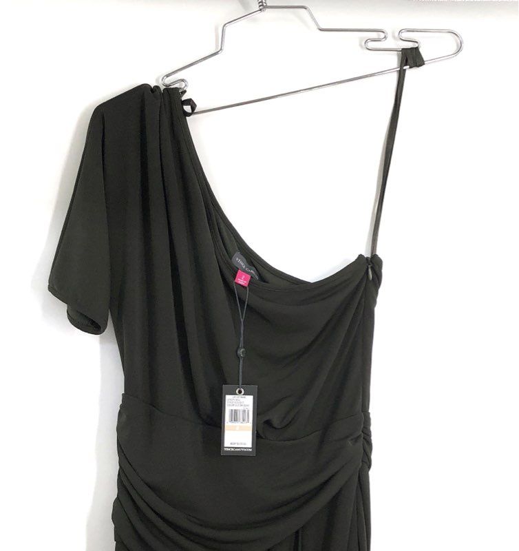 Vince Camuto Women's One Shoulder Draped Ruched Dark Olive Green Dress Sz 2 NWT